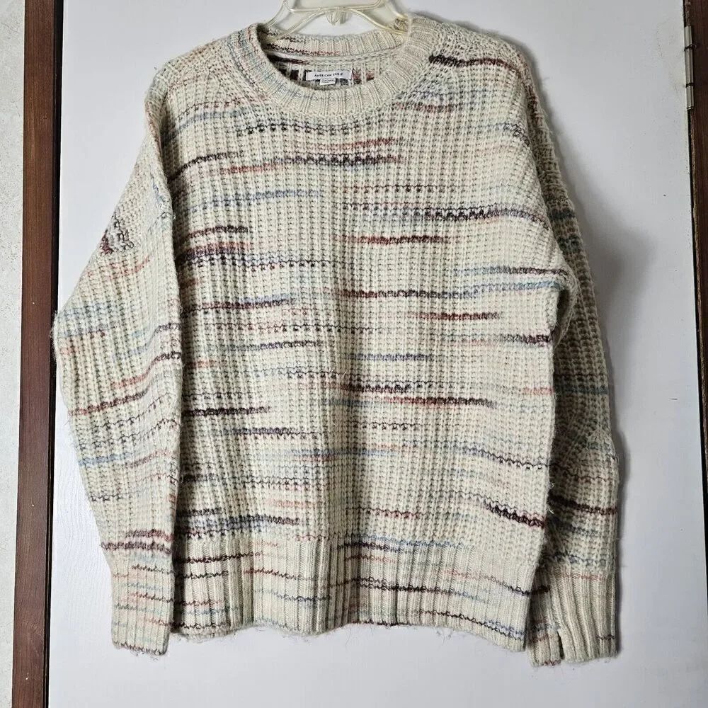 American Eagle Oversized Crewneck Sweater Women's Size XS Ivory Stripe